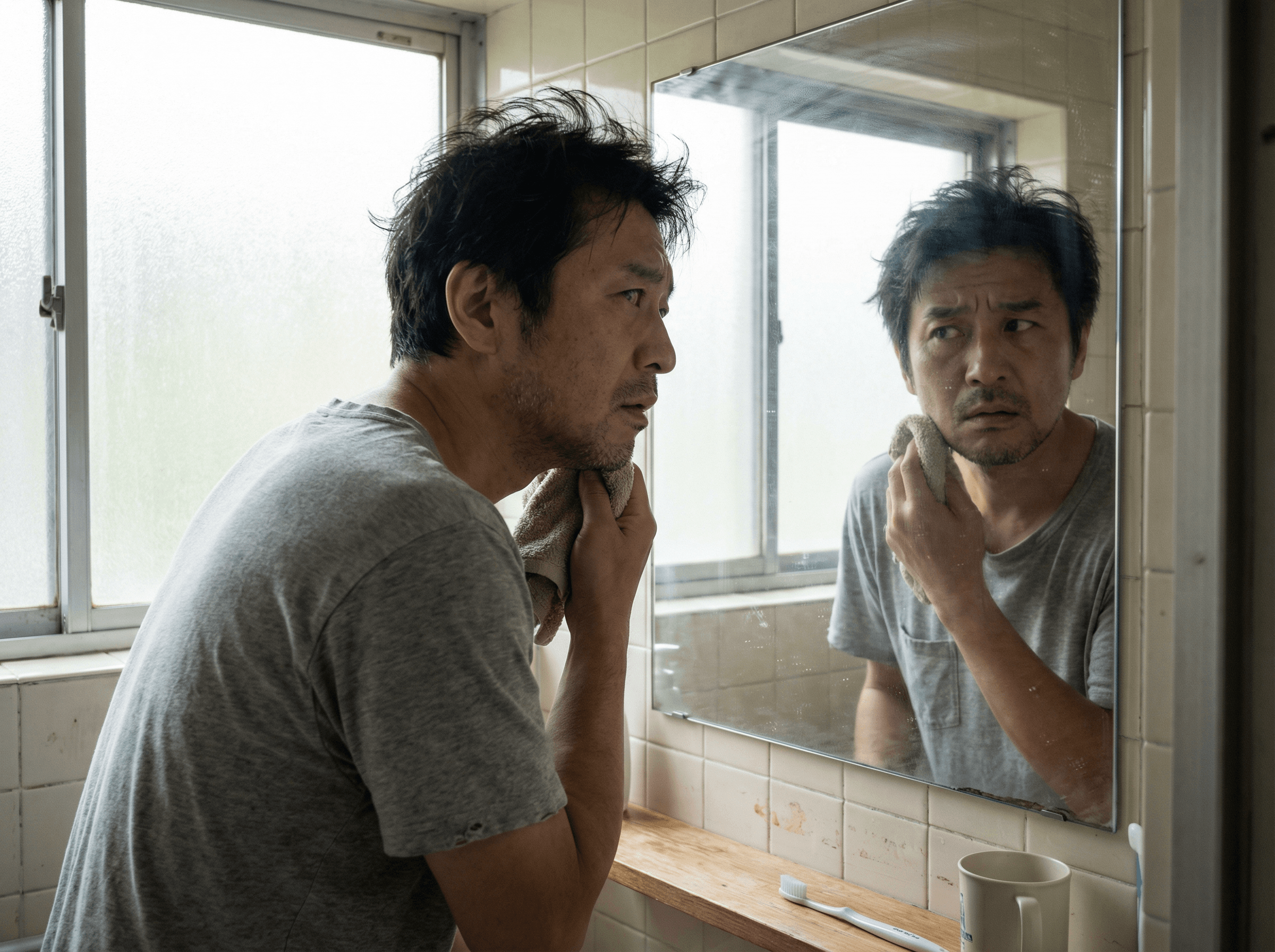 鏡の前で身だしなみを気にする男性