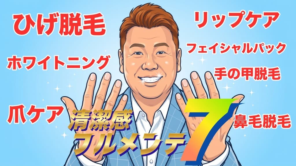 清潔感フルメンテ7：ひげ脱毛・ホワイトニング・フェイシャルパック・リップケア・手の甲脱毛・爪ケア・鼻毛脱毛をイメージした図版